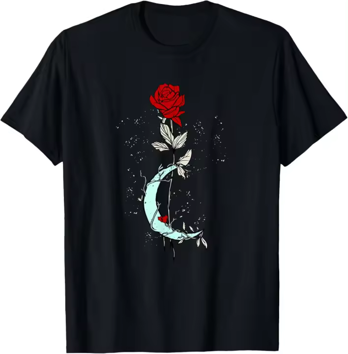 Camiseta gótica mágica con diseño de luna y flor rosa - 1