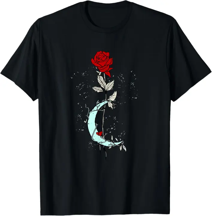 Camiseta gótica mágica con diseño de luna y flor rosa - 1