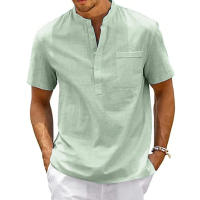 Camisa De Algodón Y Lino Para Hombre Estilo Casual Vintage Con Bolsillo Y Cuello Henley Camiseta De Color Sólido Para Playa Y Calle - details 1