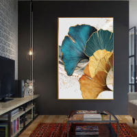 Lienzo de Pintura Moderna Nórdica en Azul y Oro con Hojas de Plantas y Ginkgo Abstracto para Decoración de Sala de Estar - details 4