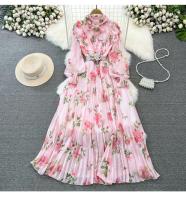 Elegante vestido midi de manga larga con corte en A y falda plisada, cintura ceñida, dobladillo de gasa, estampado floral coreano Sle Commute - details 0