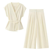 OUWU- Conjunto De Pantalones De Verano Para Mujer, Tops Sin Mangas Con Cordones De Doble Solapa + Bolsillo Con Cremallera, Plisado, Sólido, Holgado, Informal - details 2