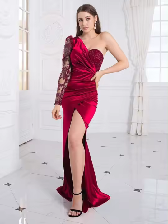 Vestido de noche de satén, lentejuelas de un hombro, vestido de graduación largo hasta el suelo dividido - 1
