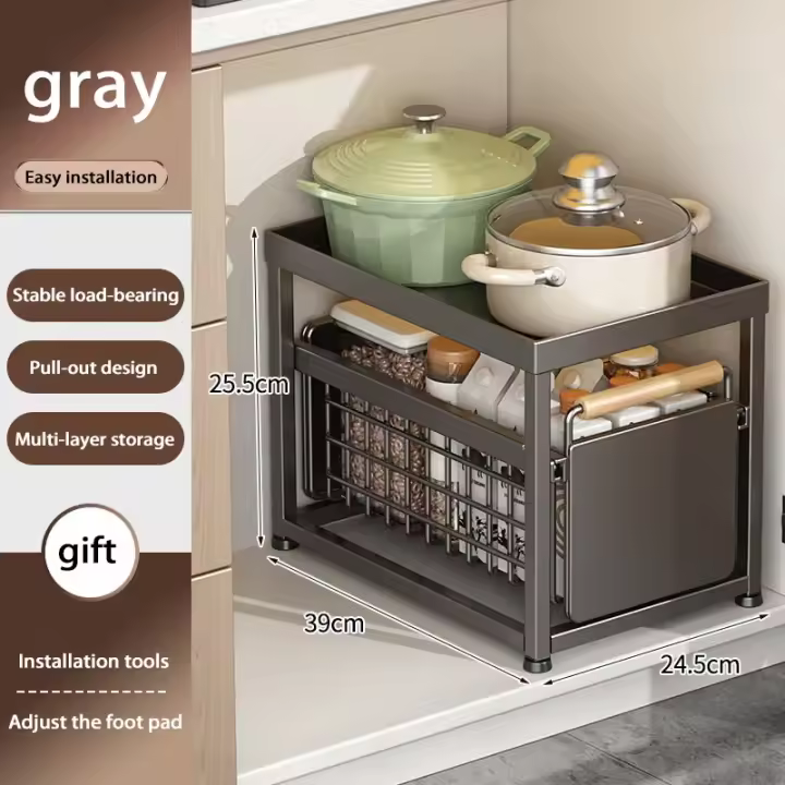 Under Sink Storage Rack Pull out Cabinet Organizer Kitchen Sliding Drawer Storage Basket Handle Bowl Plate Rack Holder Shelves - 1