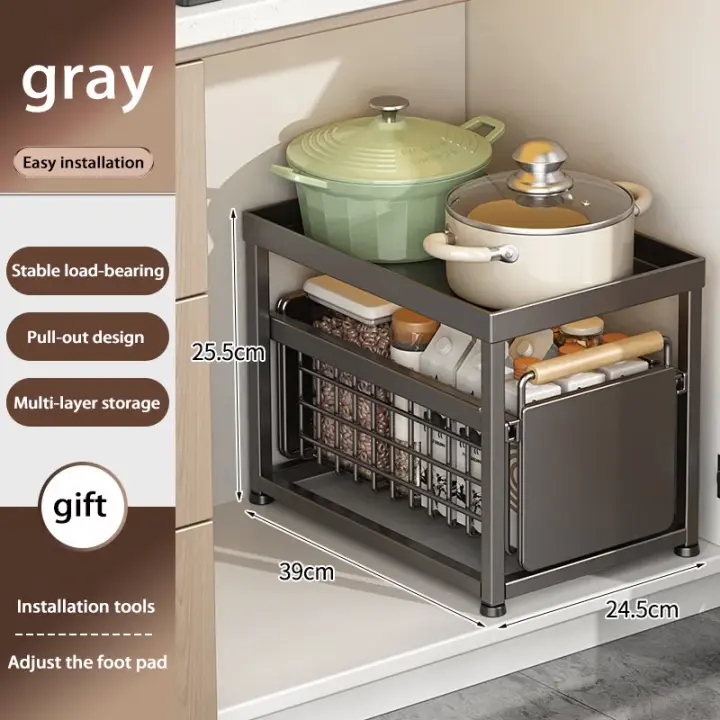 Under Sink Storage Rack Pull out Cabinet Organizer Kitchen Sliding Drawer Storage Basket Handle Bowl Plate Rack Holder Shelves - 1