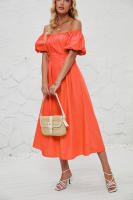 Vestido de verano de color liso plisado de cintura alta con mangas cortas y hombros descubiertos para mujer - details 3