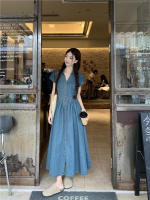 Vestido vaquero Vintage elegante con cuello en V, falda acampanada de longitud media, cintura alta coreana, manga corta, moda de verano para mujer - details 19