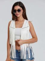 Chaqueta hippie para mujer, chaqueta ligera sin mangas con frente abierto de color sólido y bolsa de ropa sin tirantes - details 5