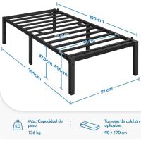 Bastidor de Cama Metálico Listones de Acero Espacio de Almacenamiento Bajo la Cama Fácil Montaje Cama Individual 90 x 190 x 36.5 cm Negro - details 27