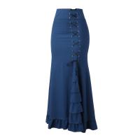 Falda larga de cintura alta para mujer, falda de medio cuerpo, dobladillo con volantes irregulares, elegante, Vintage, color sólido - details 4