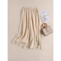 Pantalones holgados de pierna ancha bordados de lino y algodón para mujer, pantalones étnicos informales de nuevo estilo para primavera y verano, efecto adelgazante - details 2
