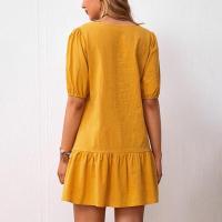 Vestido de cuello redondo de algodón y lino con cintura suelta de color sólido para mujer - details 5