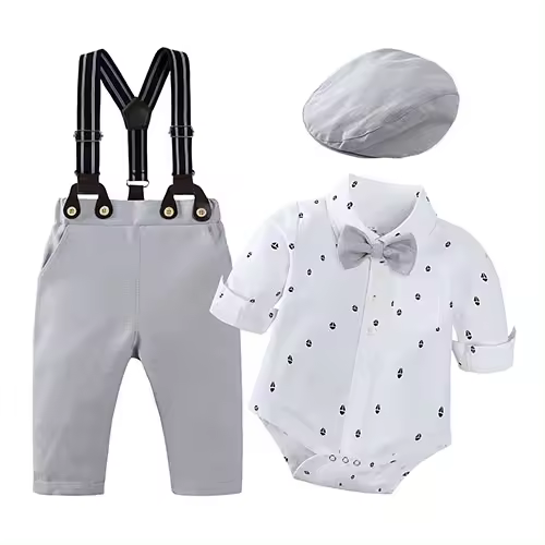Conjunto de ropa para bebé, camisa con pajarita, pelele + Pantalones + sombrero, vestido para recién nacido, traje de fiesta para caballero, conjuntos formales para niños, trajes para niños, 3 piezas - 1