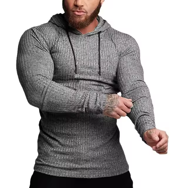 Otoño e invierno delgado con capucha de manga larga camiseta de los hombres Rayas Slim casual fitness deportes jersey entrenamiento camisa de fondo - 1