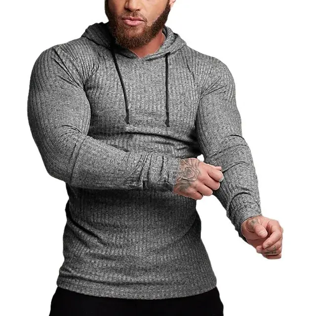 Otoño e invierno delgado con capucha de manga larga camiseta de los hombres Rayas Slim casual fitness deportes jersey entrenamiento camisa de fondo - 1
