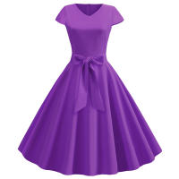 Women summer vintage with belt short sleeve v neck elegant retro swing party dresses - details 24