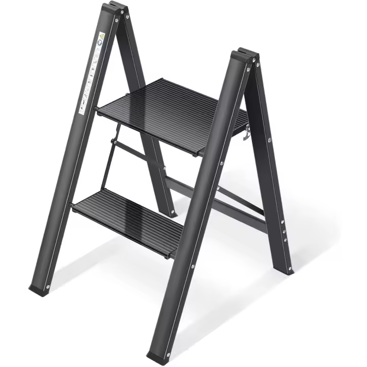 Escalera Plegable 2 Peldaños de Aluminio, Escalera Pequena Plegable Segura de Hogar con Mecanismo Antiplegado, Taburete Escalera Portatil para Cocina Domestica, Peso Máximo 150kg, Negro - 1