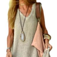 Vestido sin mangas de lino y algodón para mujer, prenda informal holgada con cuello en V, Color liso, para fiesta nocturna - details 10