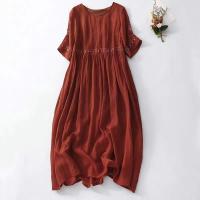 Vestido de lino y algodón de verano 2025 de talla grande y manga corta para MM regordeta. Tiene un estilo literario y retro, es holgado, con bordado, cuello redondo y es un vestido de longitud media. - details 0