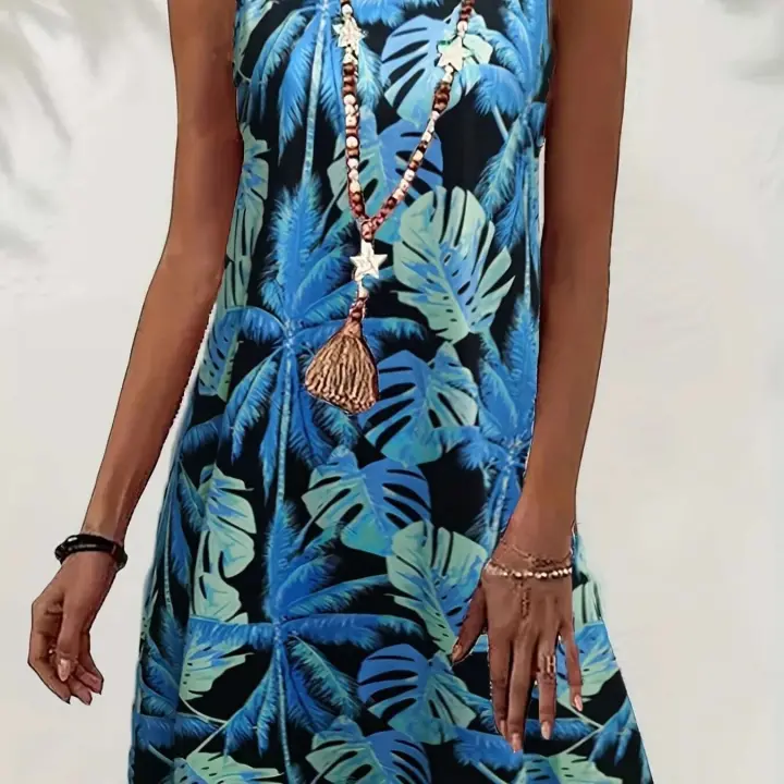 Vestido midi con cuello redondo y sin mangas para mujer, informal, con estampado degradado colorido, bolsillo, verano - 1