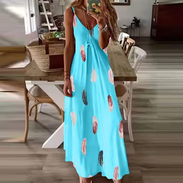 Vestido Maxi de Plumas Elegante Cómodo con Cuello en V Cuidado Fácil Moda para Mujeres - 1