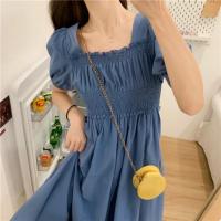 Vestido de verano para mujer, fruncido plisado, cuello cuadrado, manga corta, manga de burbuja, vestido de mujer de Color sólido, vestido Midi con dobladillo suelto - details 15