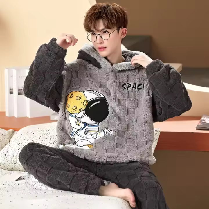 Pijamas bonitos para hombre, conjuntos de pijamas gruesos de lana de felpa, ropa de franela cálida de terciopelo Coral para invierno, traje para casa, ropa de dormir masculina - 1