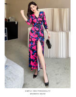 Vestido con estampado de rosa púrpura Delantal de una pieza Vestido largo de amarre dividido Vestido de playa para vacaciones junto al mar - details 11