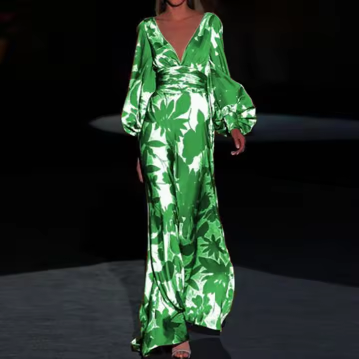 Verde 2025 Verano de Cinturón Temperamento Alto Commuter Manga Gran Empresa Interior Vestidos con Cuello en V - 1