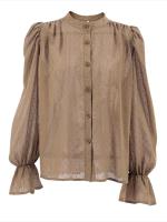Camisas con mangas abullonadas para mujer, Top holgado de Color sólido, blusas elegantes con cuello levantado para primavera y otoño - details 5