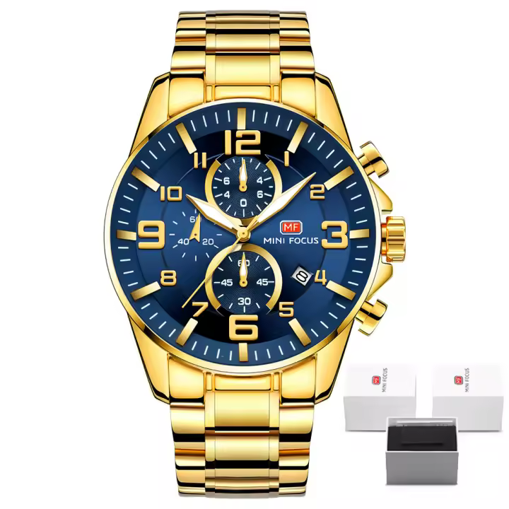 Reloj de lujo para hombre dorado, esfera grande y llamativa, luminoso, resistente al agua, de acero inoxidable, éxito de ventas en Oriente Medio para hombre de negocios. - 1