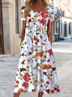 Vestido midi elegante con estampado floral para mujer, cintura alta, cuello redondo, línea a, Verano - details 2