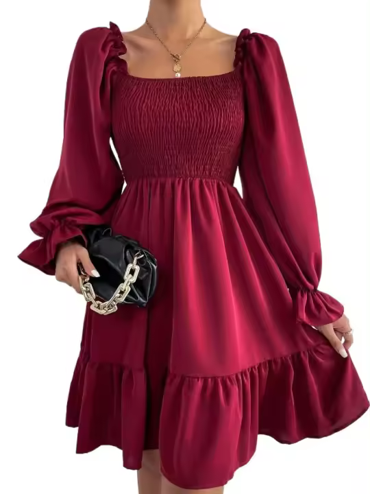 Vestido elegante de manga larga con cuello liso y volantes para mujer - 1
