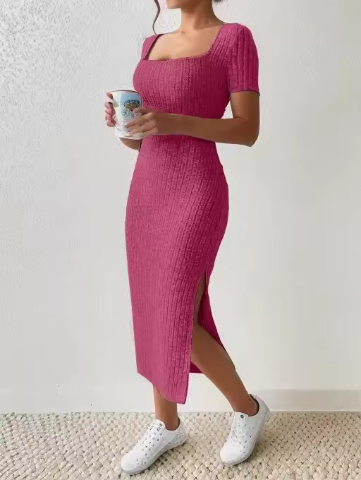 Vestido de punto versátil de verano con cuello cuadrado, largo medio, falda ajustada a la cadera, corto para la noche con abertura. - 1