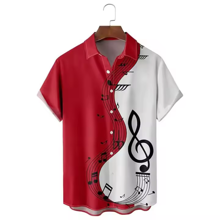 Camisa de bolos con estampado de notas para hombre, ropa informal de manga corta con botones, cómoda, para verano, 2024 - 1