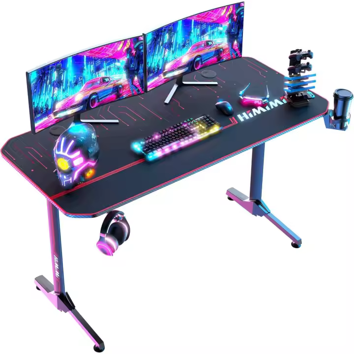 Mesa Gaming,Escritorio Gaming de Ergonómica, Escritorio Gamer de Fibra de Carbono, Escritorio de Juego con Alfombrilla de Ratón, Portavasos y Gancho para Auriculares,Negro （140x60x70 cm ） - 1