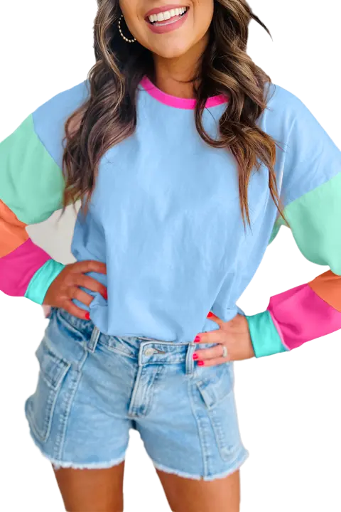 Elrachen Top suelto de manga larga con bloques de colores para mujer, azul oscuro, tallas S-2XL - 1