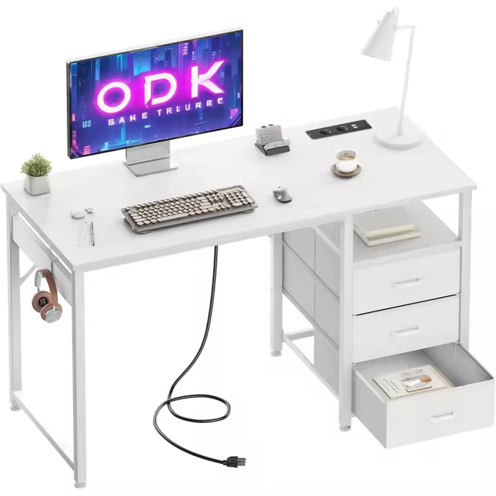 Puerto de Carga USB y Toma, Escritorio para Ordenador con 3 Cajones de Tela, Escritorio de Madera para Oficina, Salón, Hogar, Oficina (Blanco, 120x48x75,5cm) - 1