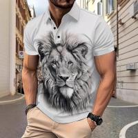 POLO de manga corta con solapa para hombre, estampado de león animal de verano, informal diario - details 1