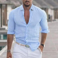 Polo de Moda Casual para Hombres Algodón Lineno Cuello de Polo Largo Solido Estilo Playero - details 3