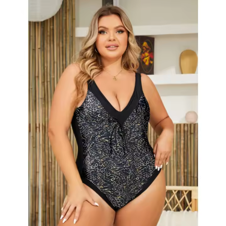 Traje de Baño de Talla Grande con Estampado de Flor Sexy Escote en V Profundo, Espalda Descubierta, Material de Poliéster - 1