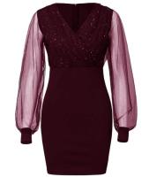 Vestido de lentejuelas con cuello en V de malla para mujer, Color sólido, ajustado, cintura alta, un paso - details 9