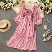 Nuevo modelo de vestido maxi elegante con cuello cuadrado para mujer, gasa lisa con mangas abullonadas, bata de fiesta en la playa, vestidos con volantes vintage - details 26