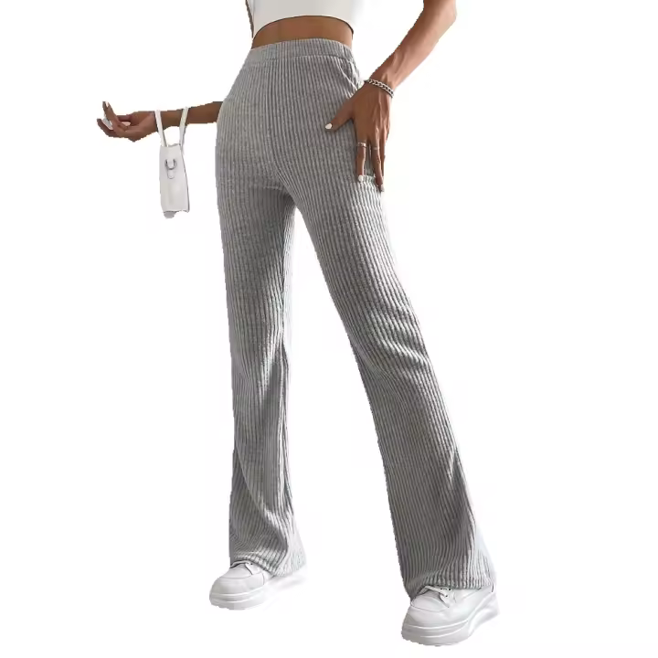 Pantalones de campana para mujeres de color sólido pantalones casuales canalé punto moda versátil Pantalón delgado y largo - 1
