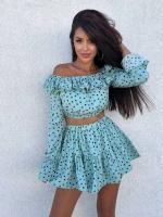 Marthaqiqi - Conjunto de pijama de lunares para mujer, top de manga larga con cuello diagonal, falda corta, pijama, Tre - details 5