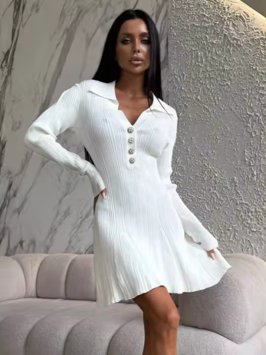 Falda fina de punto a rayas de manga larga con solapa nueva para mujer a la moda, falda fina europea y americana - 1