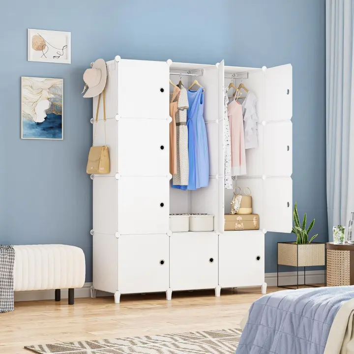 Armario Modular Portátil de 20 Compartimentos Guardarropa para Dormitorio con Barra para Colgar Ropa Compartimentos Más Profundos Aptos para Perchas - 1