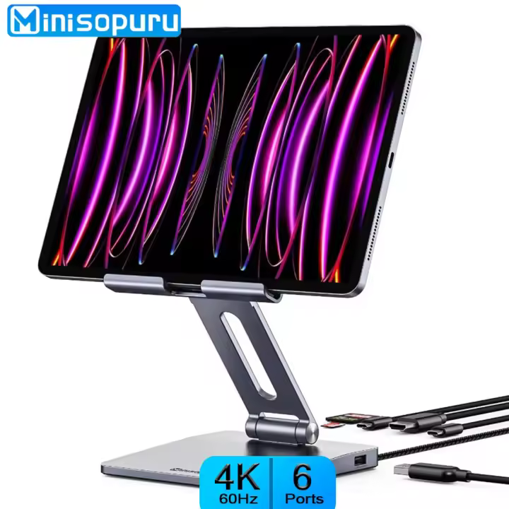 Minisopuru Estación de Acoplamiento para iPad Soporte Plegable para Tablet con 4K HDMI, 100W PD, Puertos USB 3.0, SD/TF - 1