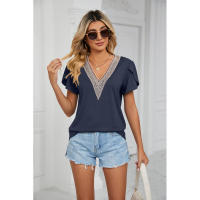 BUNO-2025 Camiseta holgada de manga corta con cuello en V para mujer, Top informal de encaje de Color puro, camiseta holgada cómoda y transpirable para verano - details 58