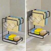 Estante de almacenaje para cocina sin perforaciones, con bandeja de drenaje, adhesivo, estante para trapo de cocina, soporte de esponja montado en la pared - details 3